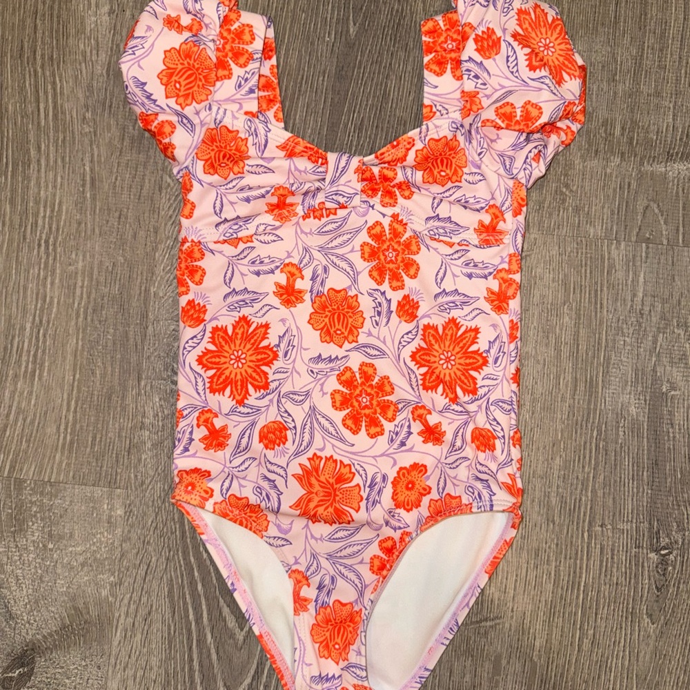 Janie and Jack Orange and Purple Floral Kids Swim One Piece